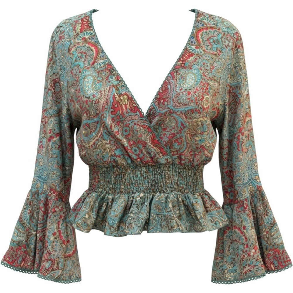 Jeuvre 100% Silk Paisley Wrap Crop Top Smocked Waist Bell Sleeve Teal Red OS